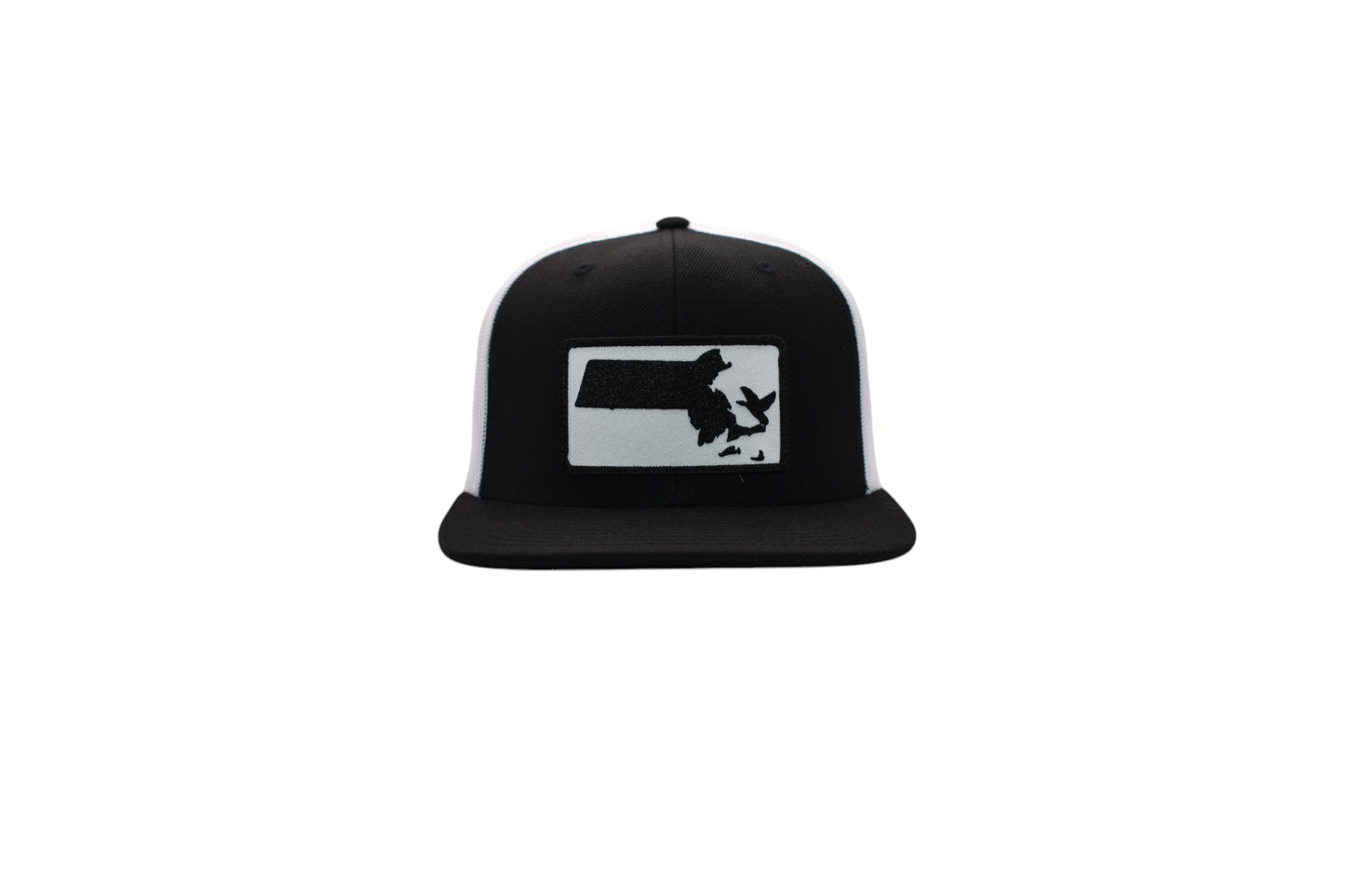 Flat bill trucker hat with patch and white mesh