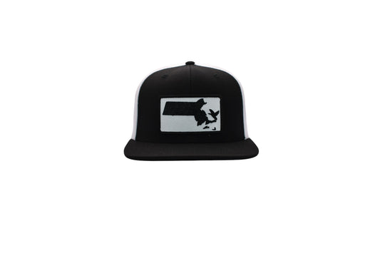 Flat bill trucker hat with patch and white mesh