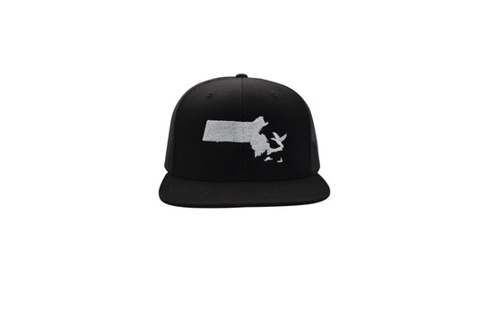 Flat bill trucker hat with embroidered logo